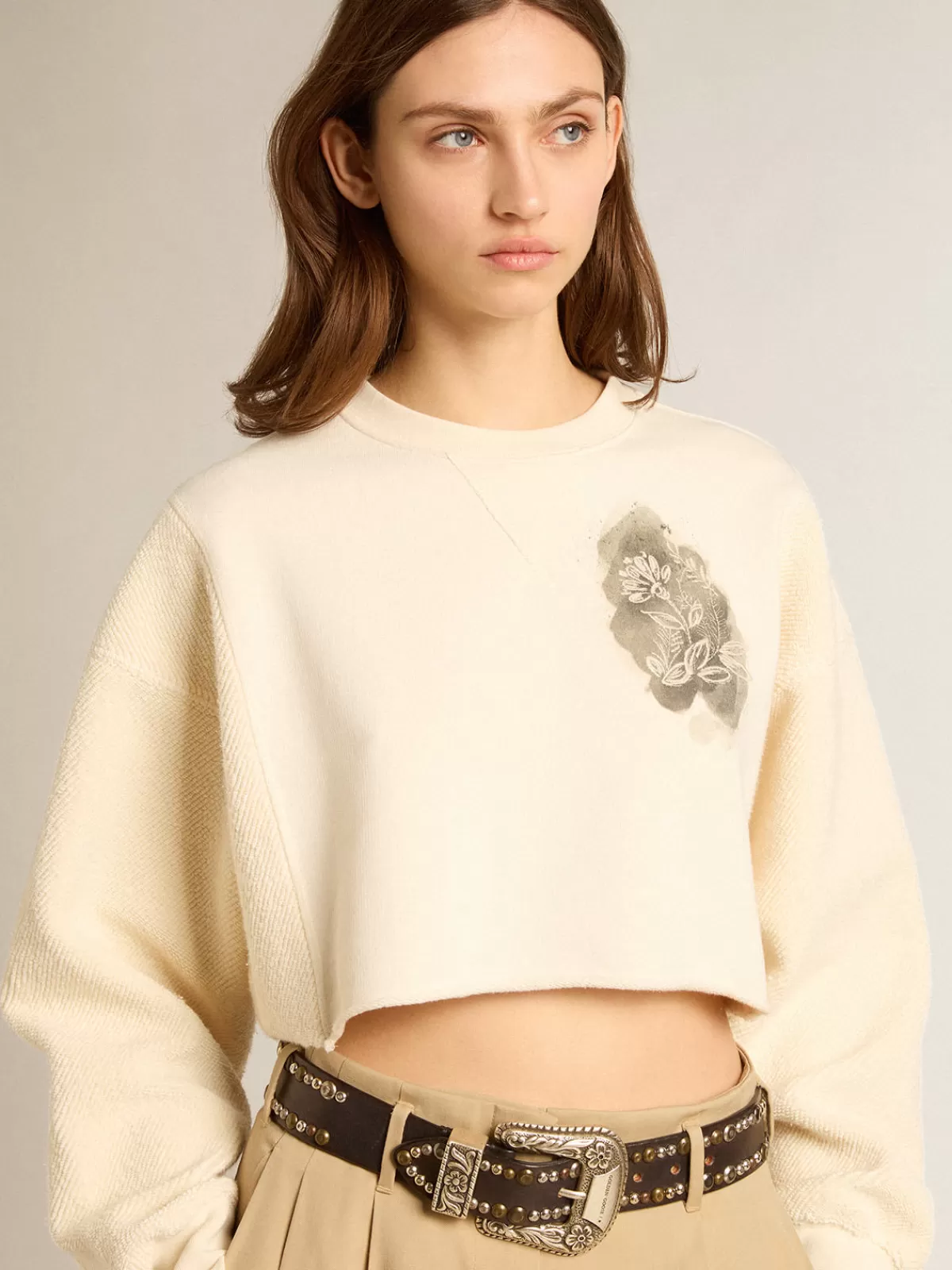 Golden Goose Aged white cotton cropped sweatshirt whiteandlightblue Discount