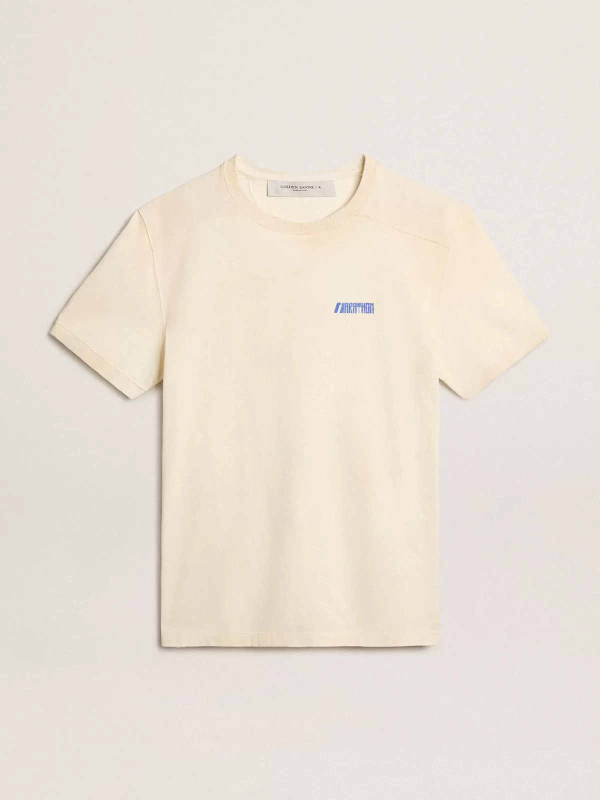 Golden Goose Aged white cotton T-shirt with blue Marathon logo agedwhite Store