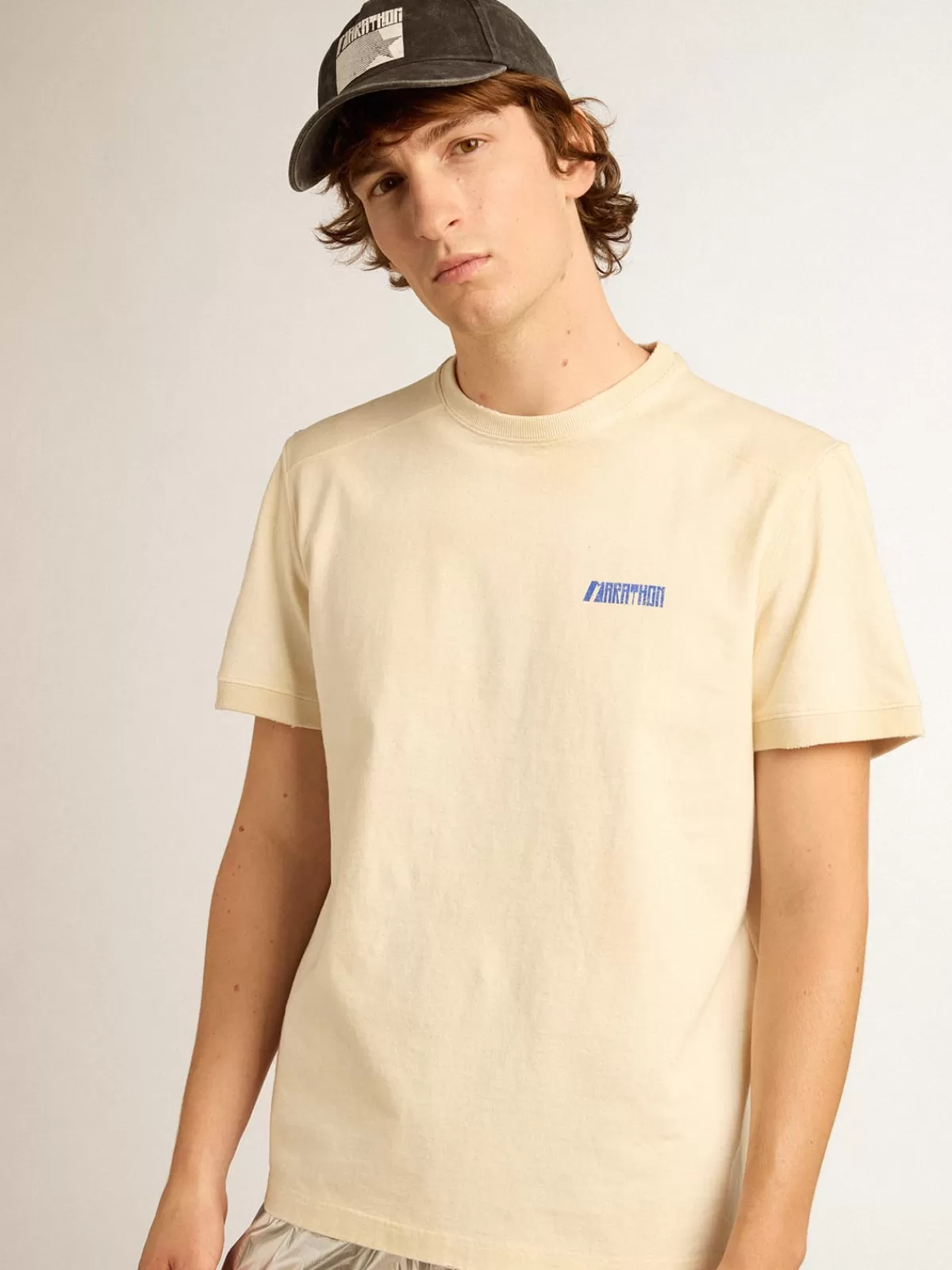 Golden Goose Aged white cotton T-shirt with blue Marathon logo agedwhite Store