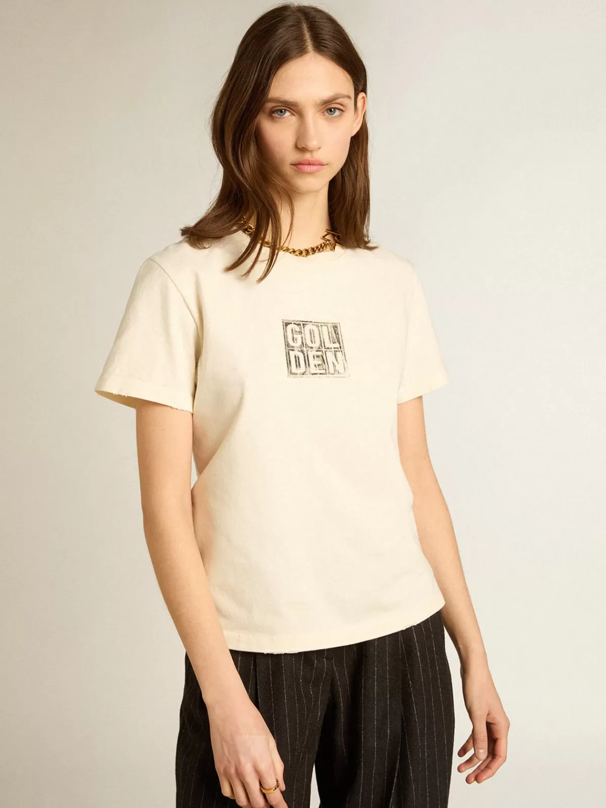 Golden Goose Aged white cotton T-shirt with print on the front agedwhite Clearance