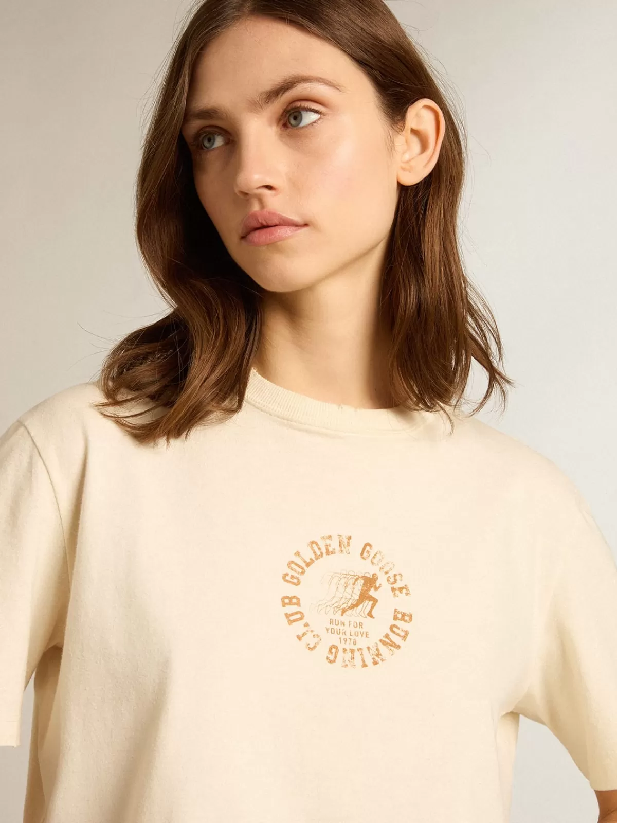 Golden Goose Aged white cotton T-shirt with seasonal logo agedwhite Cheap