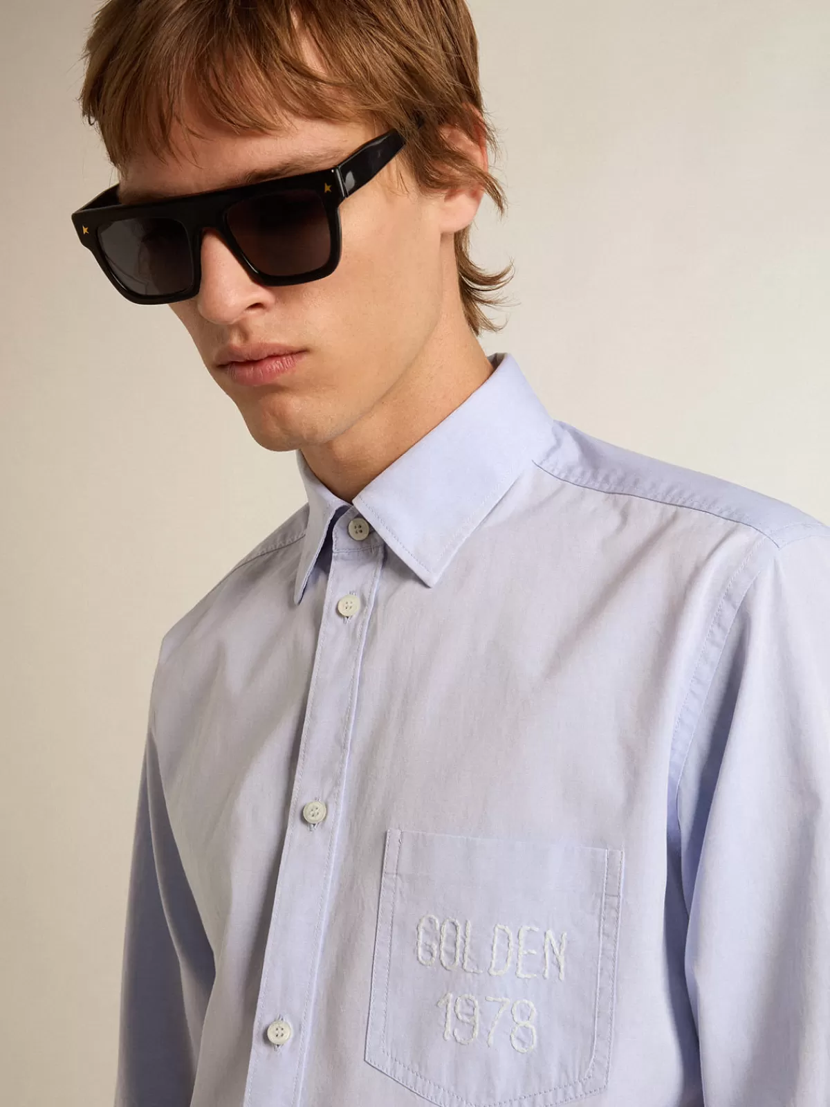 Golden Goose Baby-blue cotton shirt with embroidered pocket graymelange Flash Sale