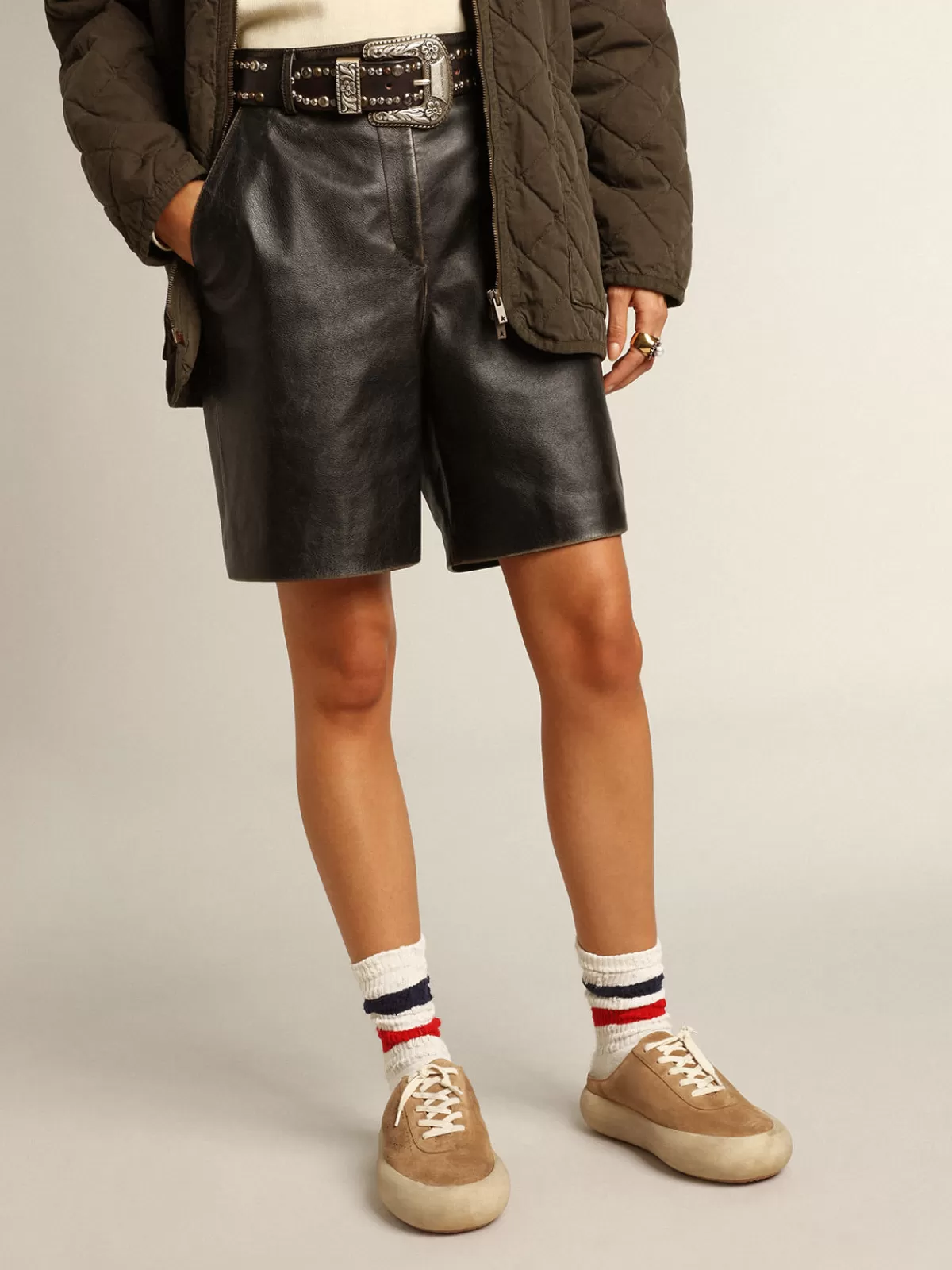 Golden Goose leather Bermuda shorts with lived-in effect black Shop