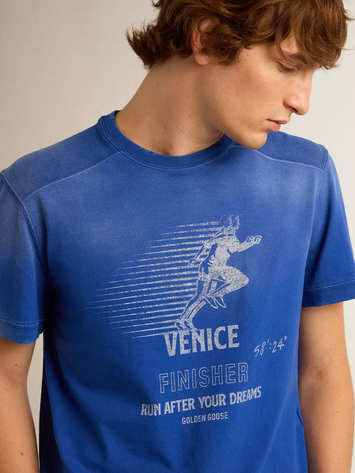 Golden Goose cotton T-shirt with Marathon poster on the front blue Sale