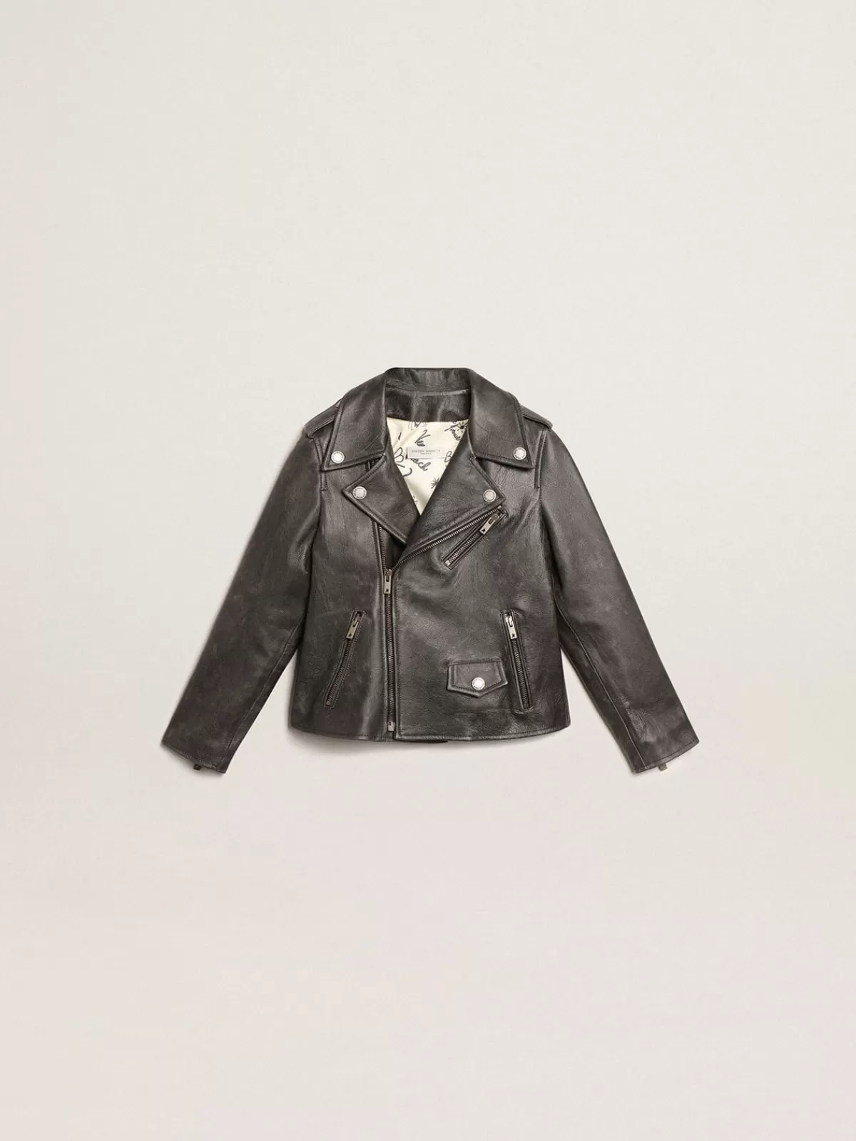 Golden Goose Boys’ biker jacket in distressed leather black Best