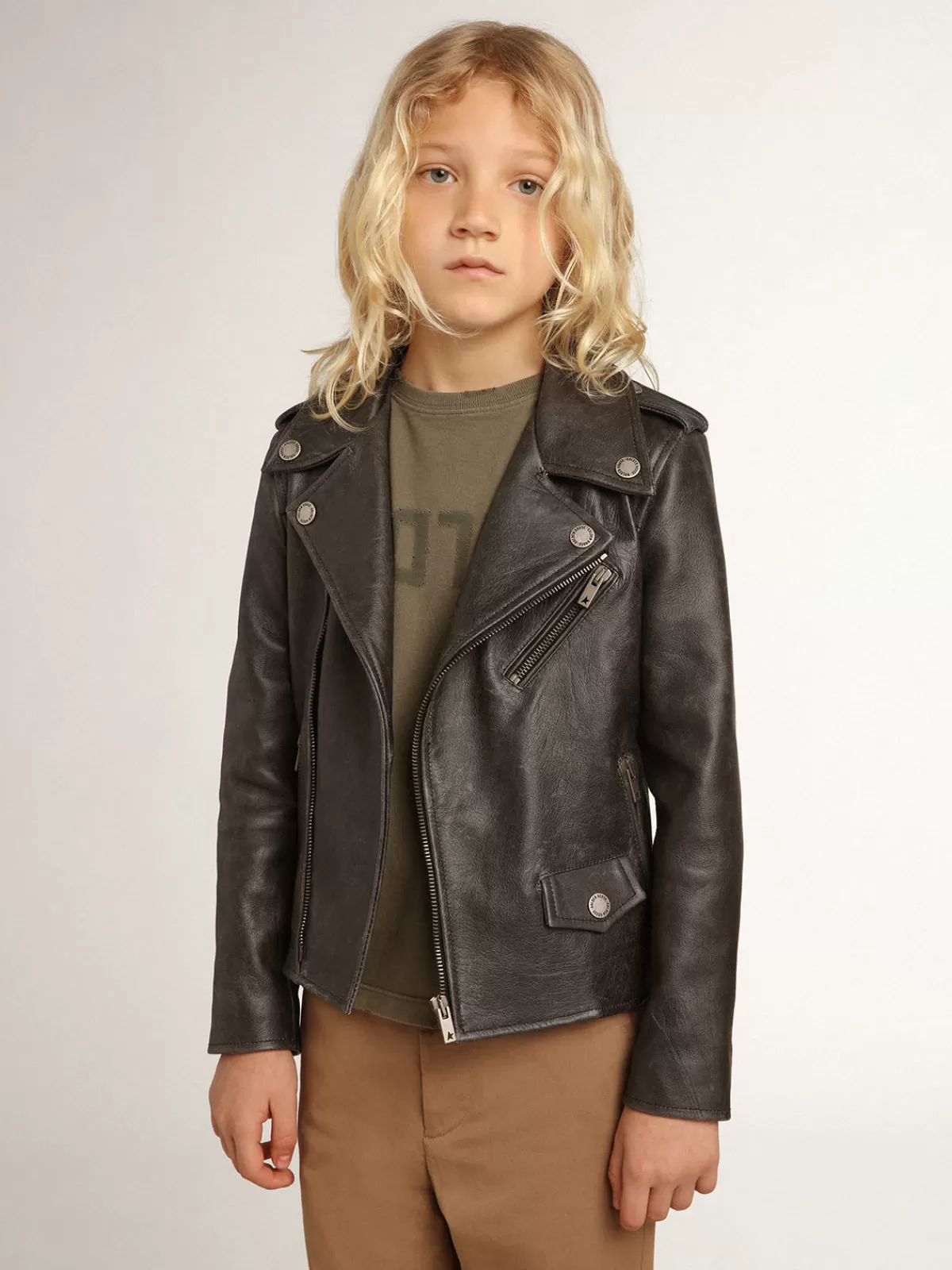 Golden Goose Boys’ biker jacket in distressed leather black Best