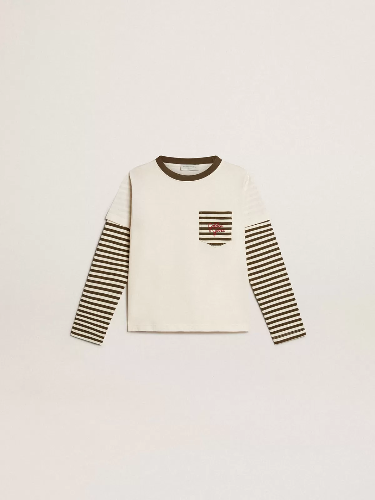 Golden Goose Boys’ double-sleeve T-shirt in striped cotton caramel Store