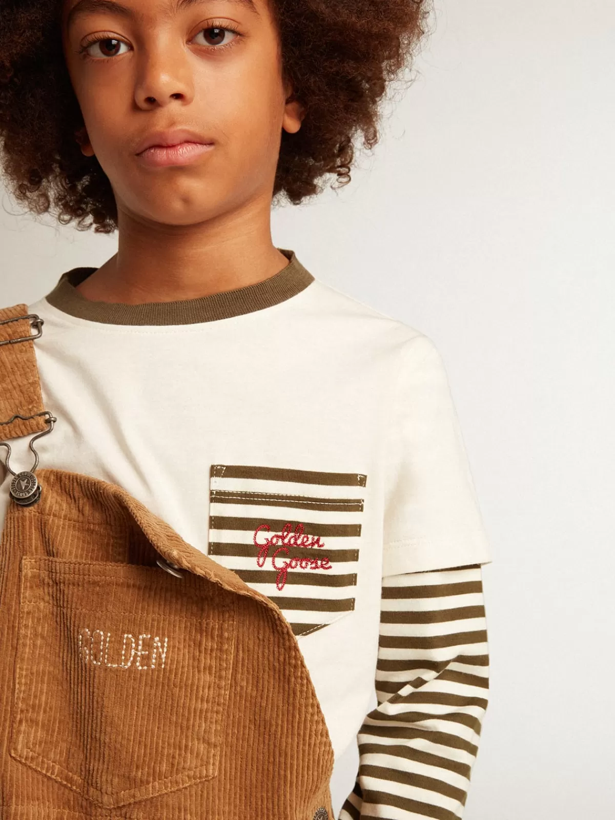 Golden Goose Boys’ double-sleeve T-shirt in striped cotton caramel Store