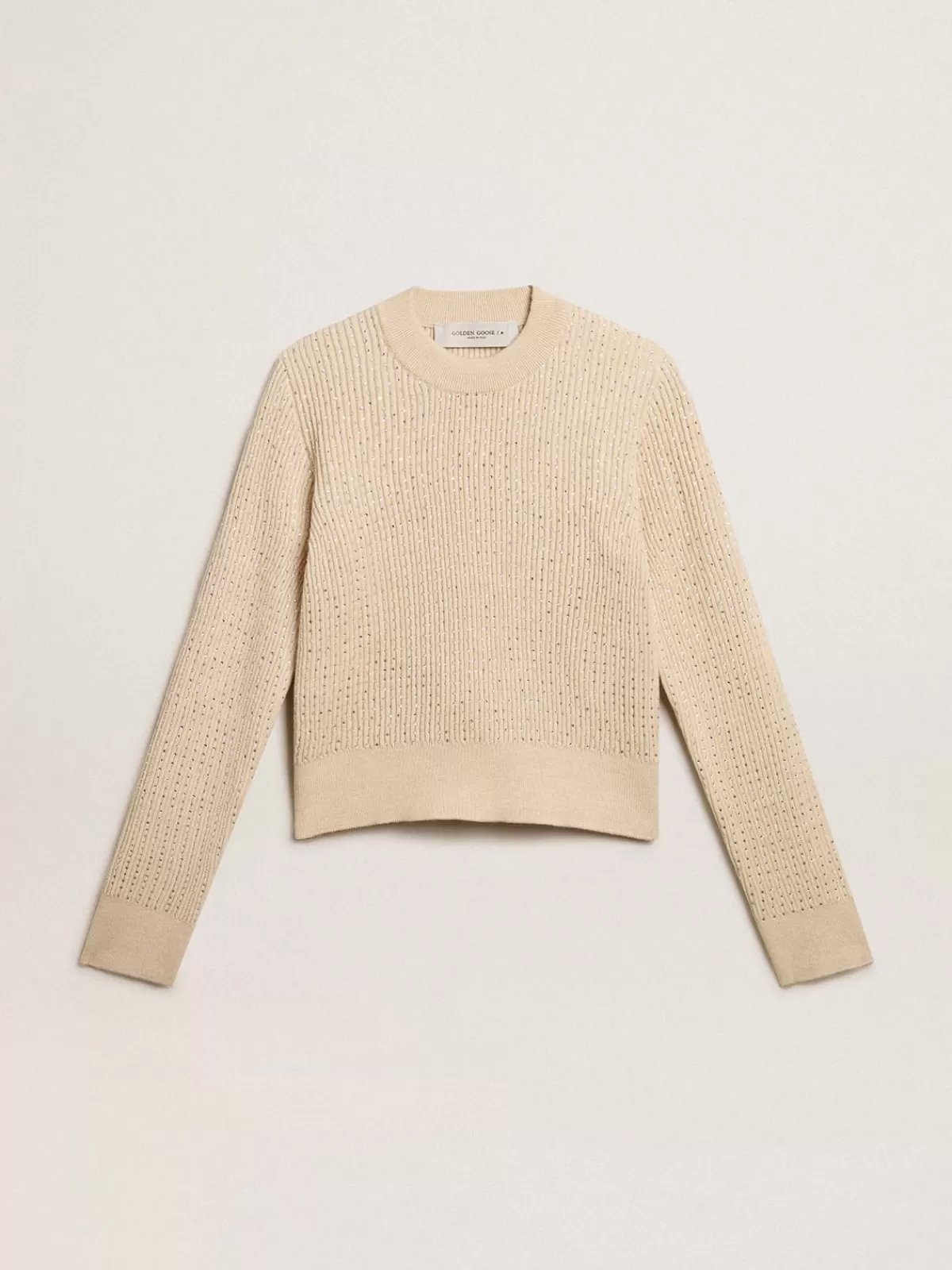 Golden Goose Cropped round-neck sweater in beige wool with all-over crystals Store