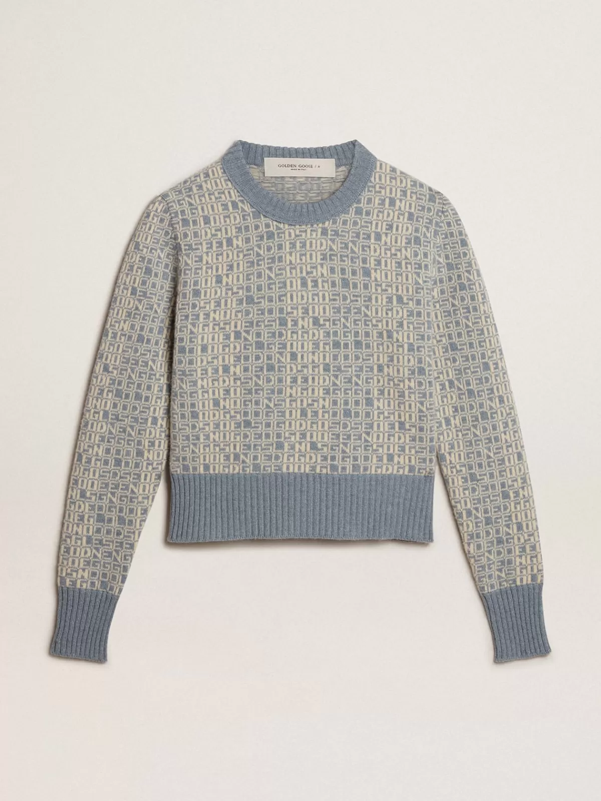 Golden Goose Cropped round-neck sweater with light blue jacquard lettering motif black Online