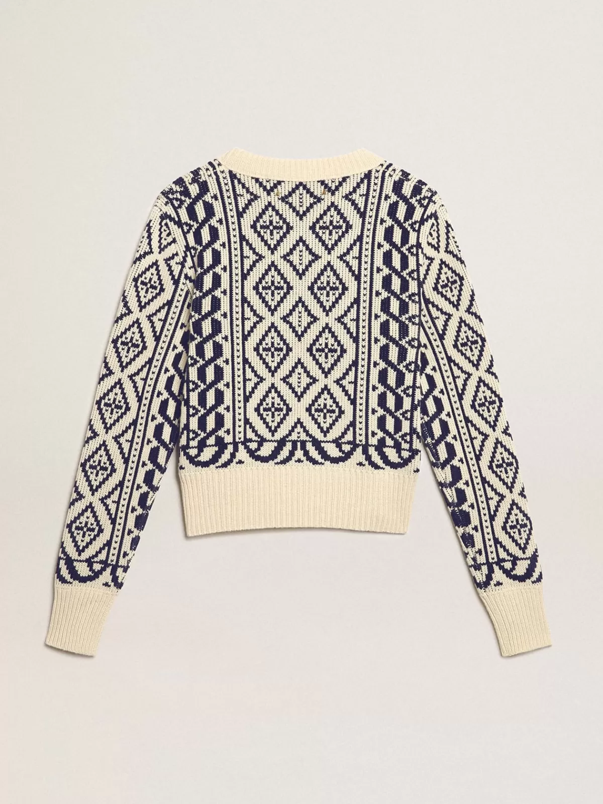 Golden Goose Cropped round-neck sweater with parchment and blue geometric pattern Best Sale