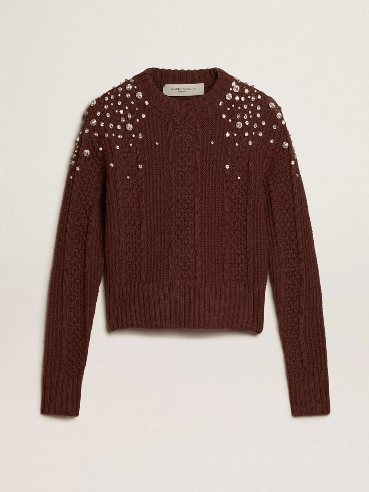 Golden Goose Cropped sweater in burgundy wool with crystals Outlet