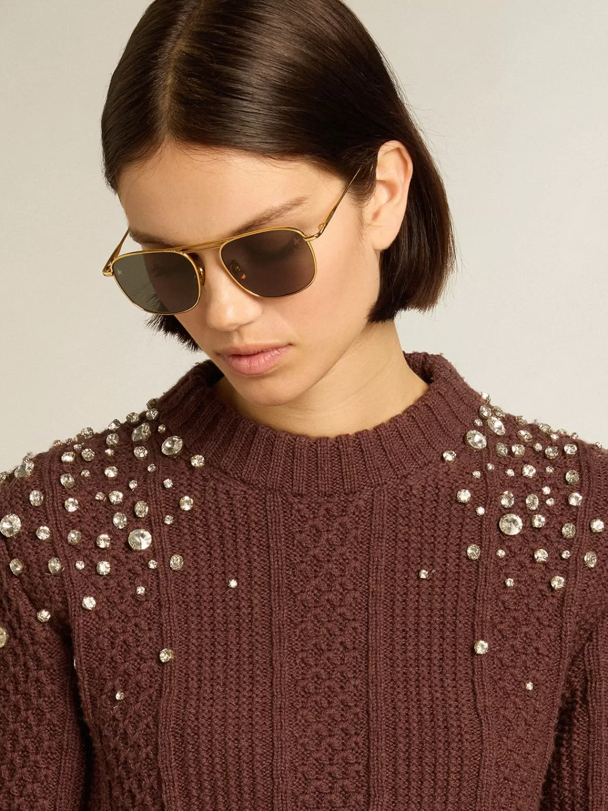 Golden Goose Cropped sweater in burgundy wool with crystals Outlet