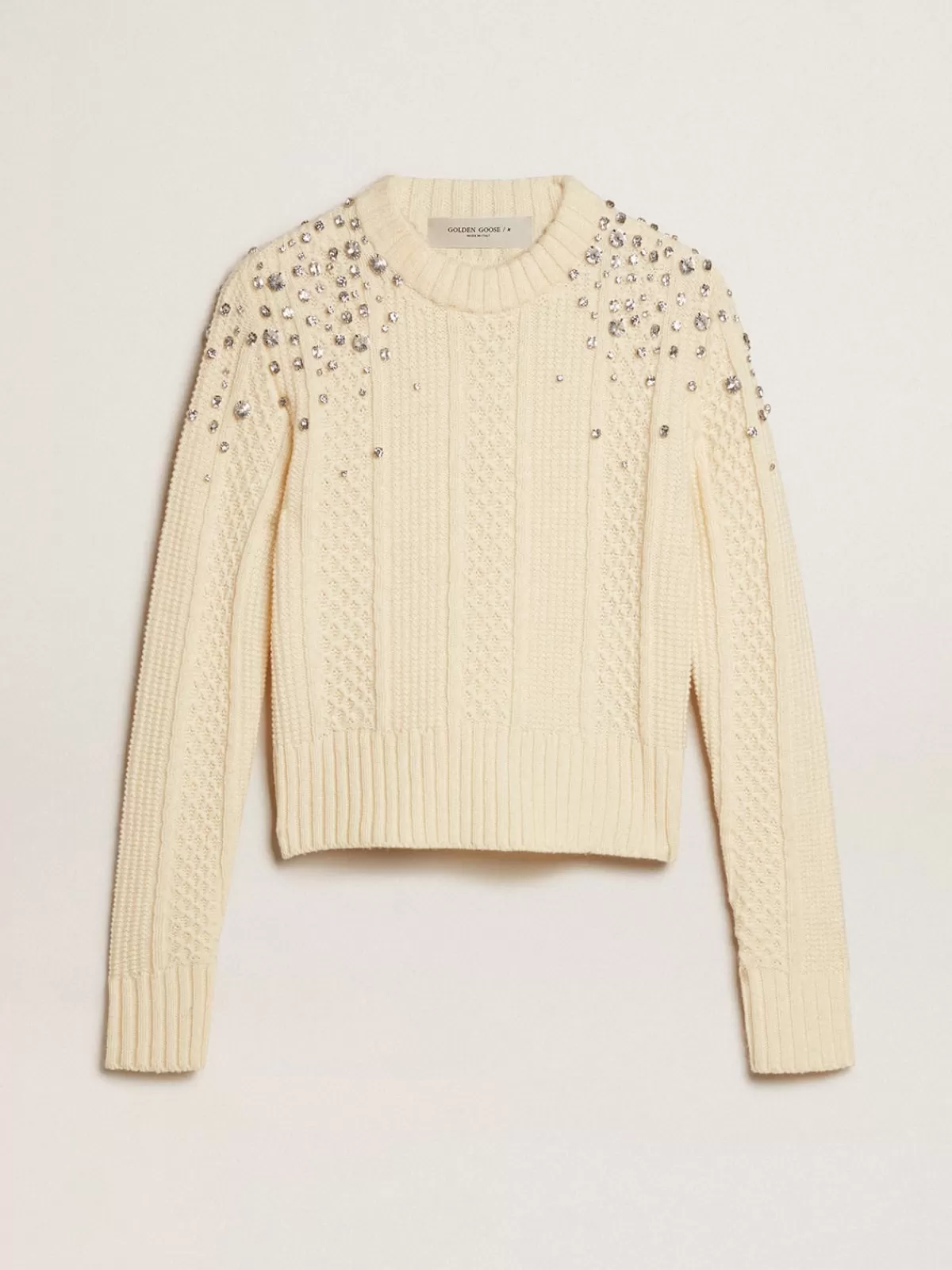 Golden Goose Cropped sweater in white wool with crystals Cheap