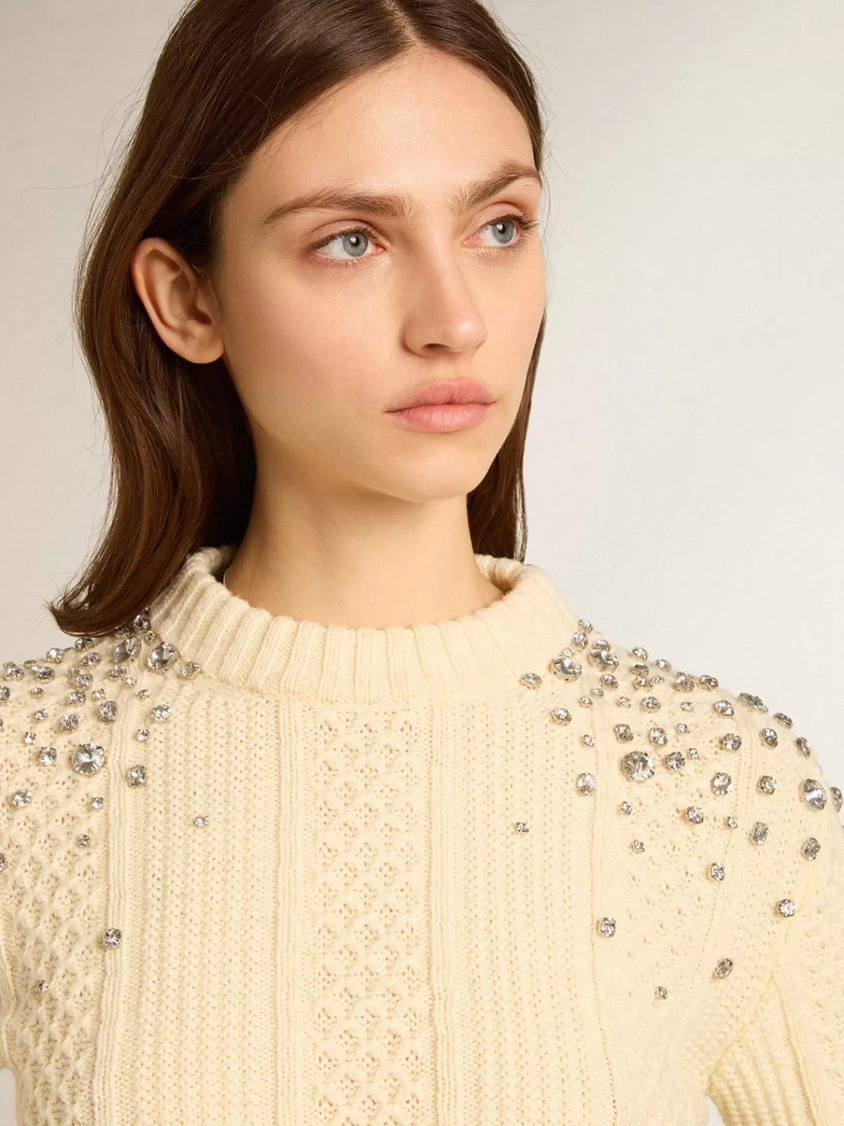 Golden Goose Cropped sweater in white wool with crystals Cheap