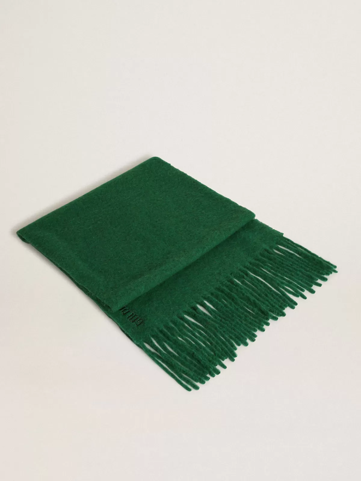 Golden Goose Dark green wool scarf with fringe and ‘Golden’ lettering darkgreen New