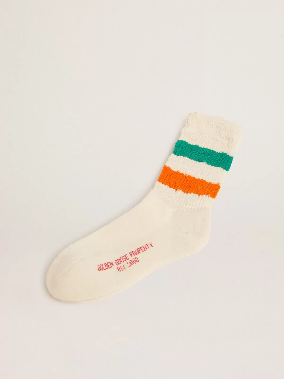 Golden Goose Distressed-finish white socks with green and orange stripes papyruswhite Cheap