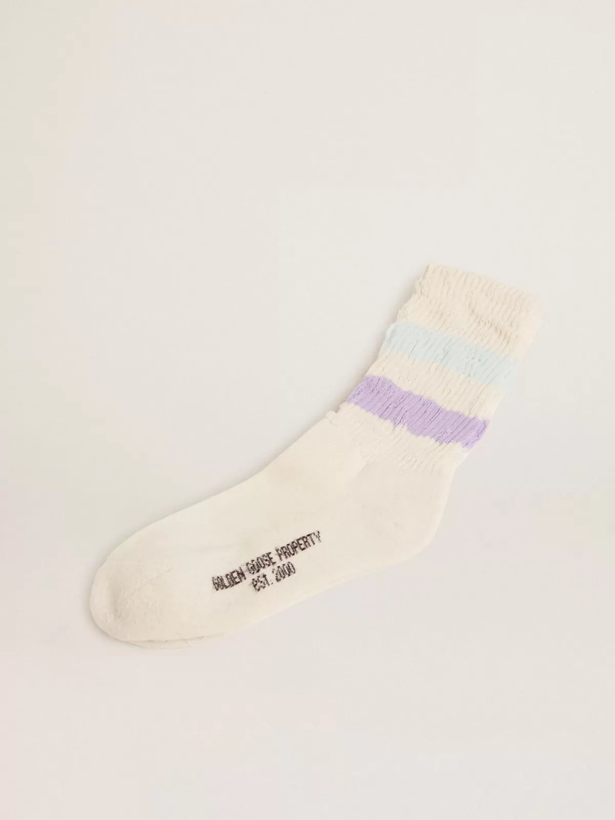 Golden Goose Distressed-finish white socks with lilac and baby blue stripes papyruswhite Shop