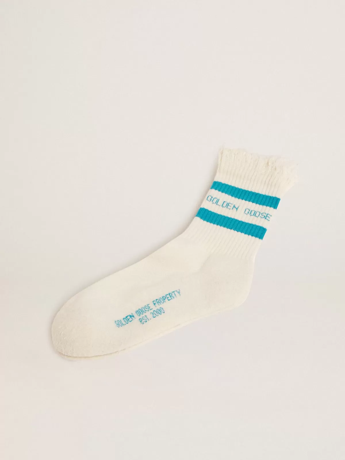 Golden Goose Distressed-finish white socks with turquoise logo and stripes papyruswhite Online