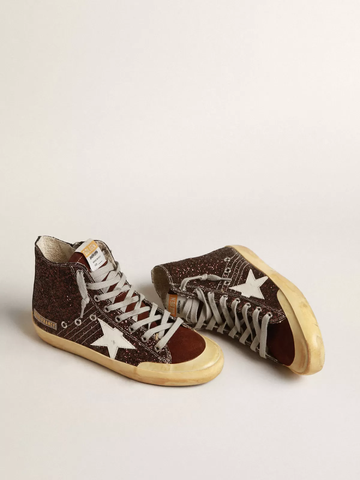 Golden Goose Francy Penstar in brown glitter with white leather star Clearance