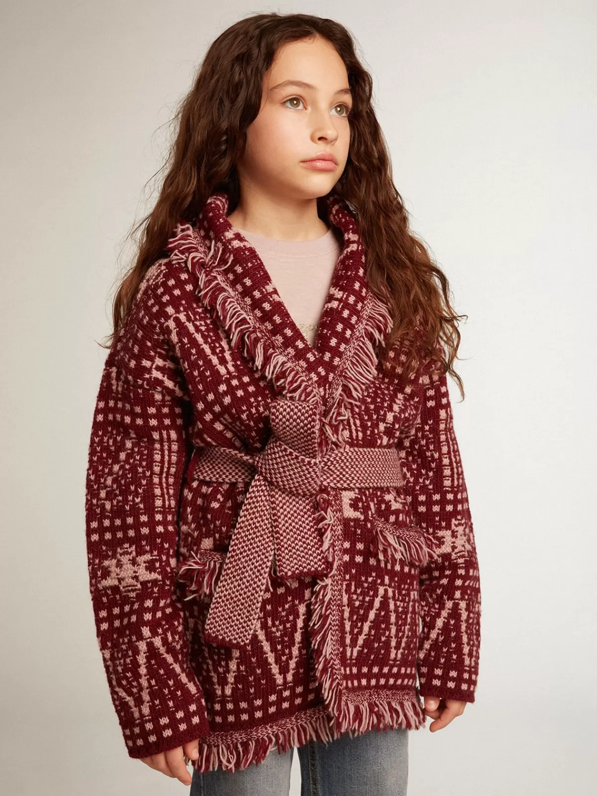 Golden Goose Girls’ belted cardigan with burgundy Fair Isle motif burgundyandwhite Outlet