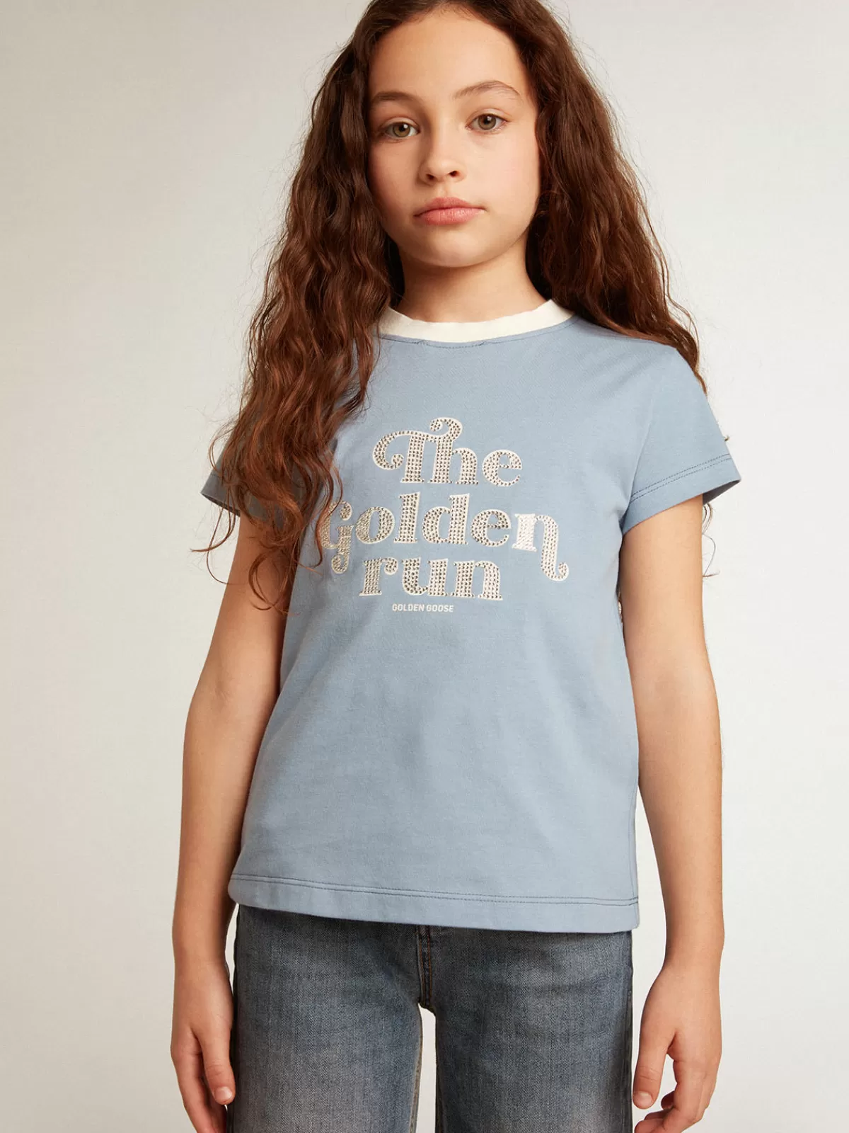 Golden Goose Girls’ light blue cotton T-shirt with print and crystals lightblue Hot