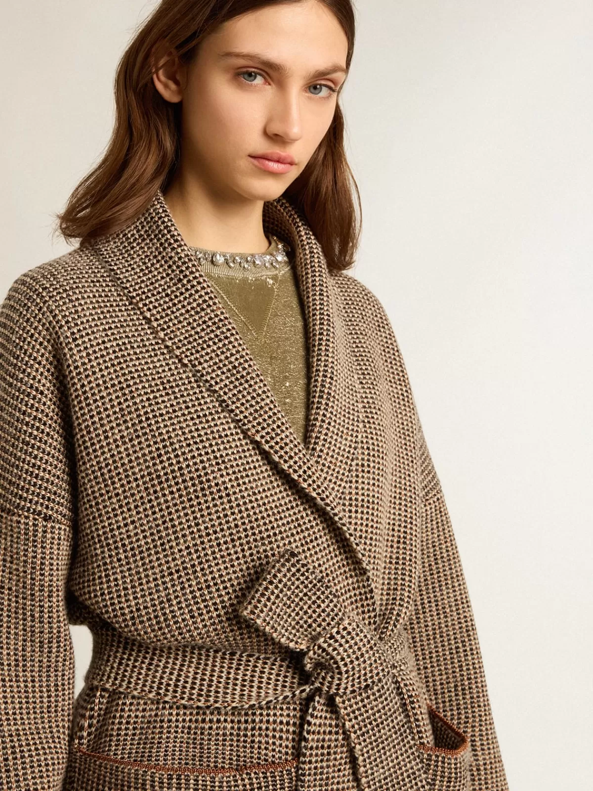 Golden Goose Long brown cardigan with belt white Flash Sale