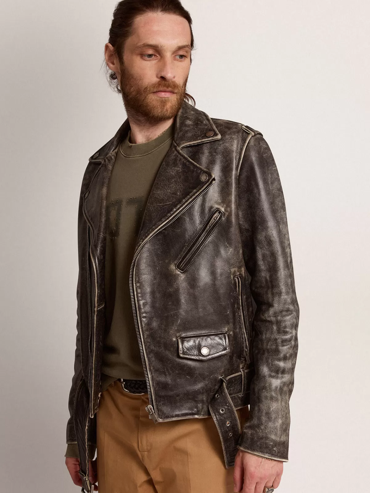 Golden Goose Men's biker jacket in distressed leather pink Store