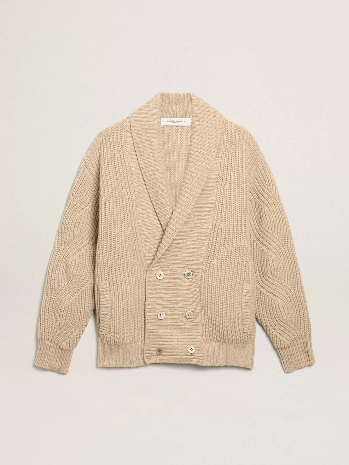 Golden Goose Men's double-breasted beige wool cardigan with leather patches darkblue Discount