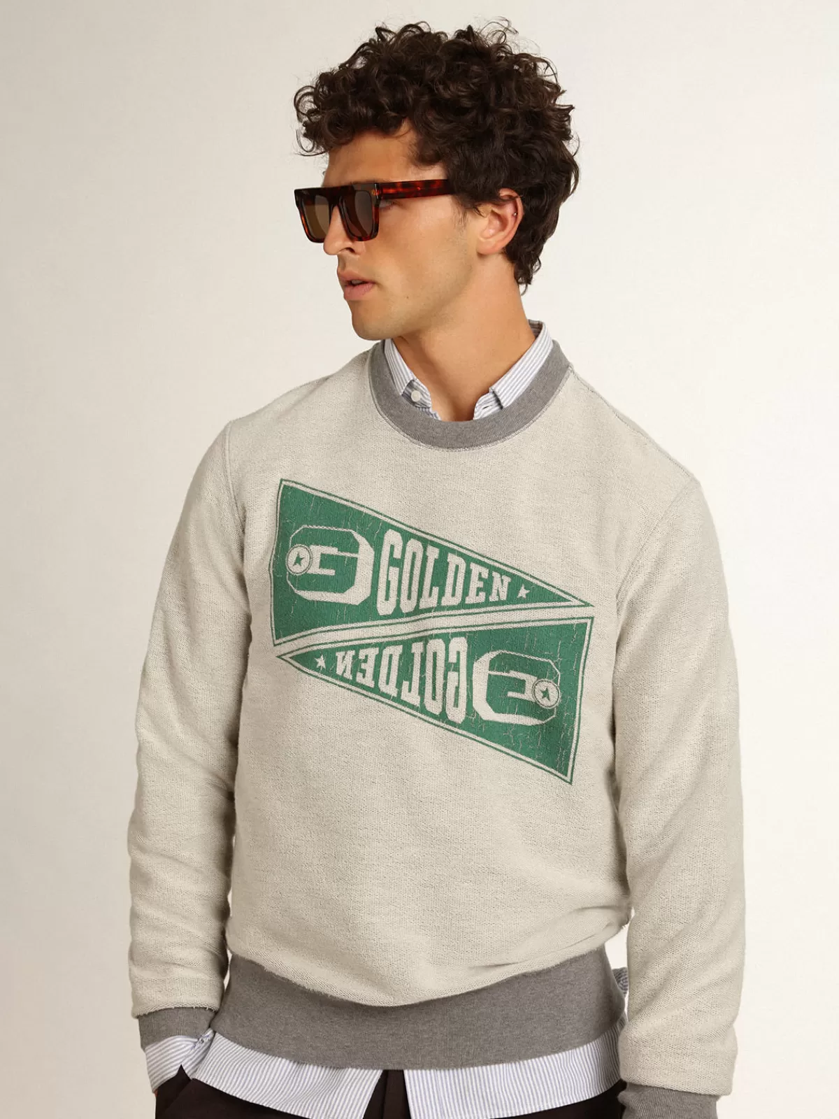 Golden Goose Men's mélange gray sweatshirt with green print melangegray Flash Sale