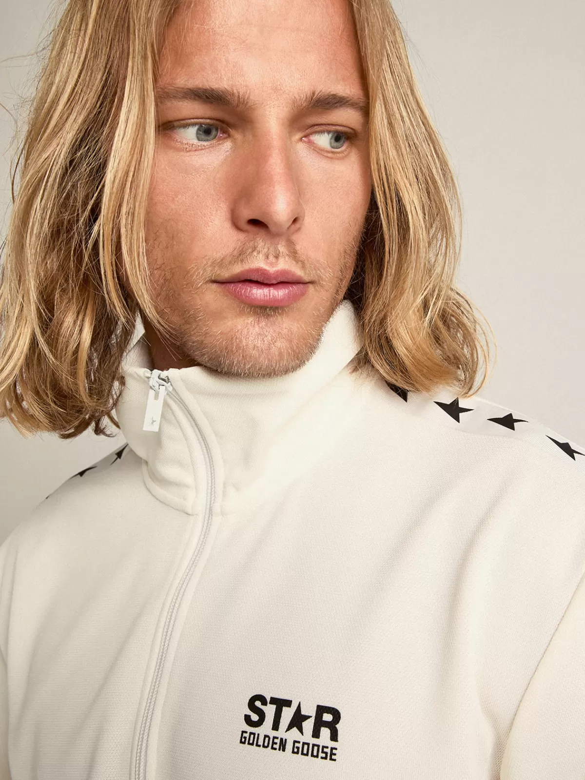 Golden Goose Men's papyrus white zipped sweatshirt with black stars papyruswhite Best Sale