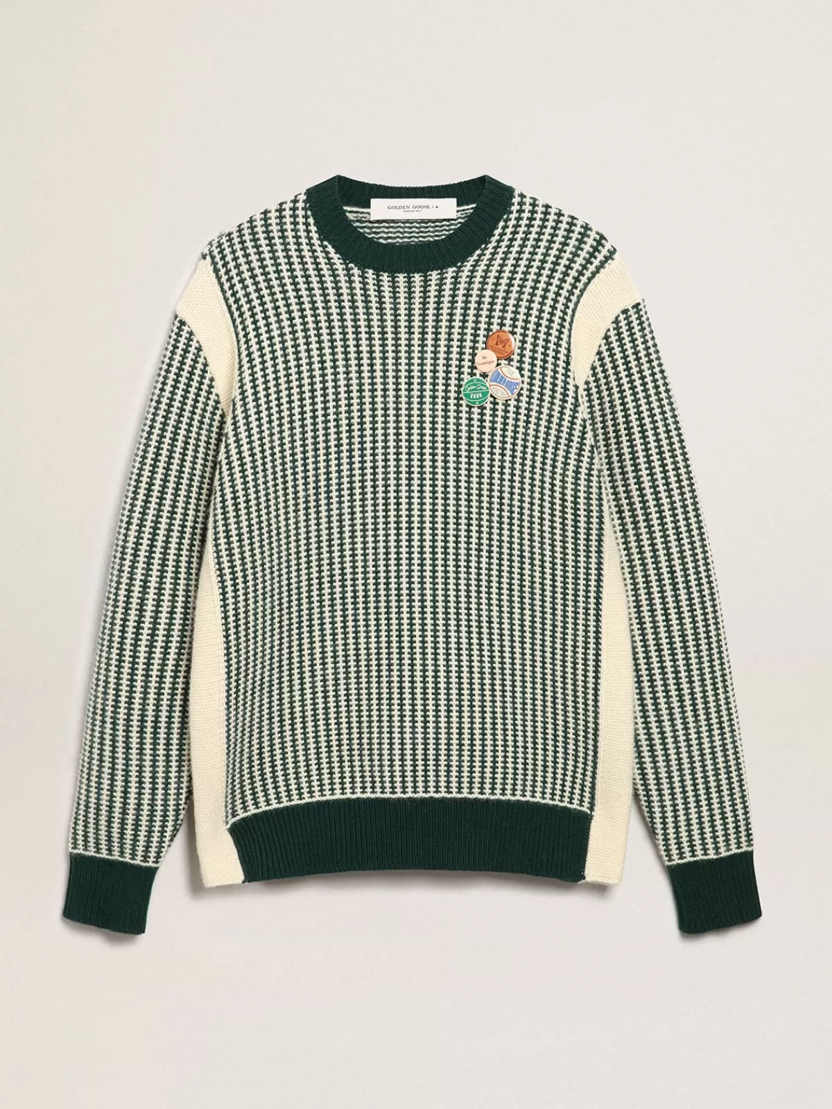 Golden Goose Men's round-neck sweater in two-tone white and green wool midblue Shop