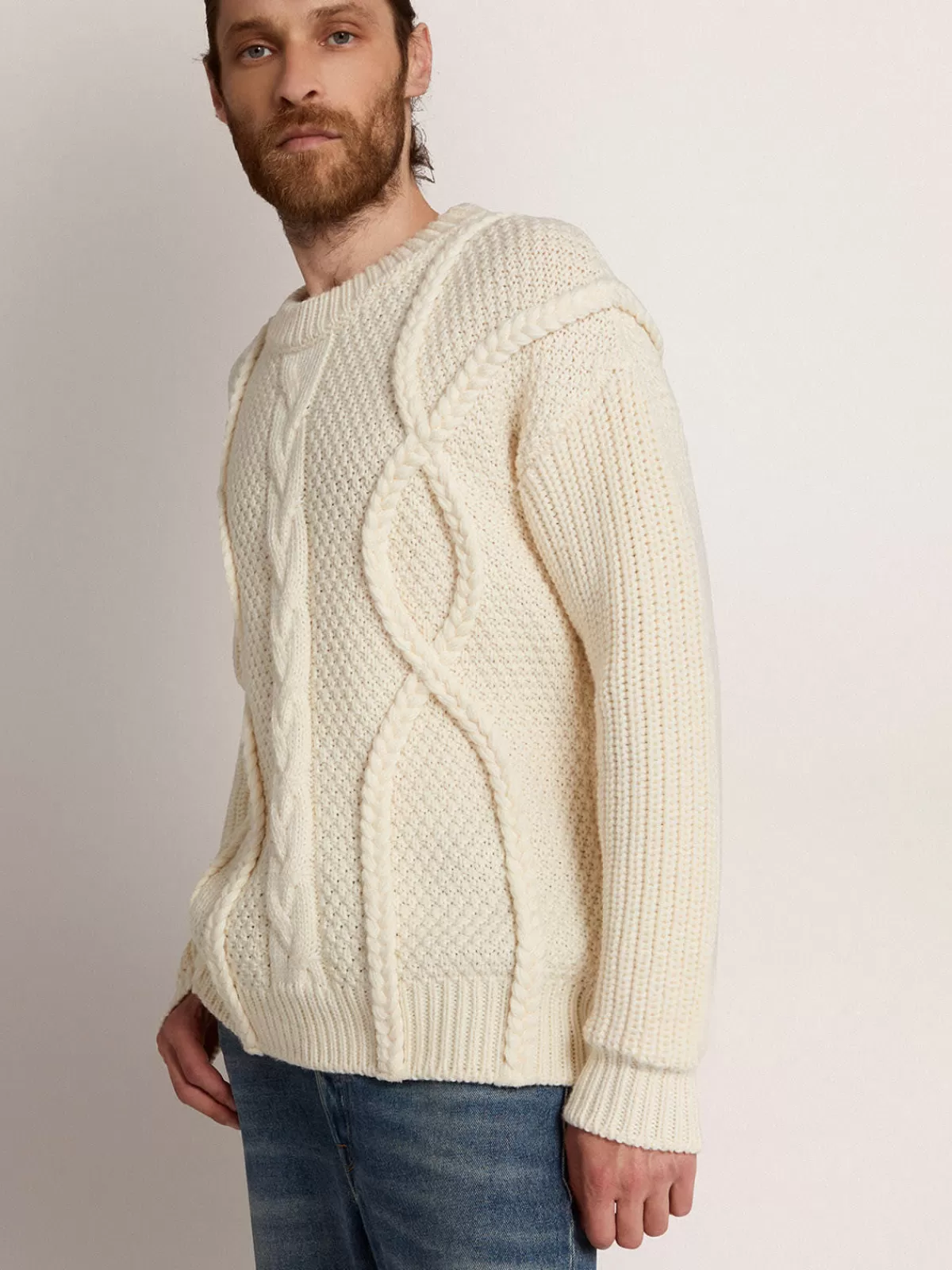 Golden Goose Men's round-neck sweater in wool with braided motif naturalwhite New