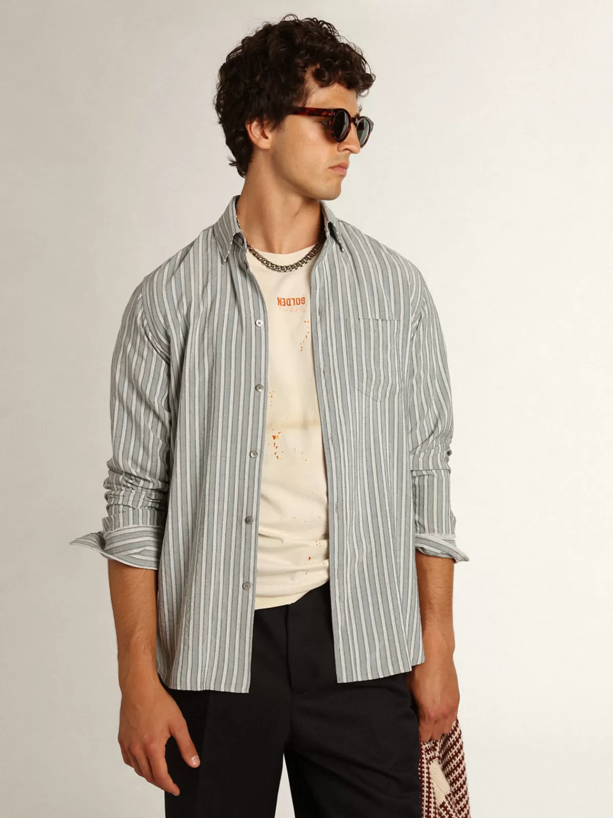 Golden Goose Men's shirt in viscose with stripes aqua Hot