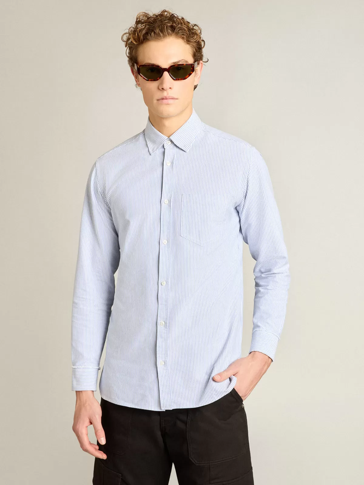 Golden Goose Men's shirt with narrow stripes whiteandlightblue Discount