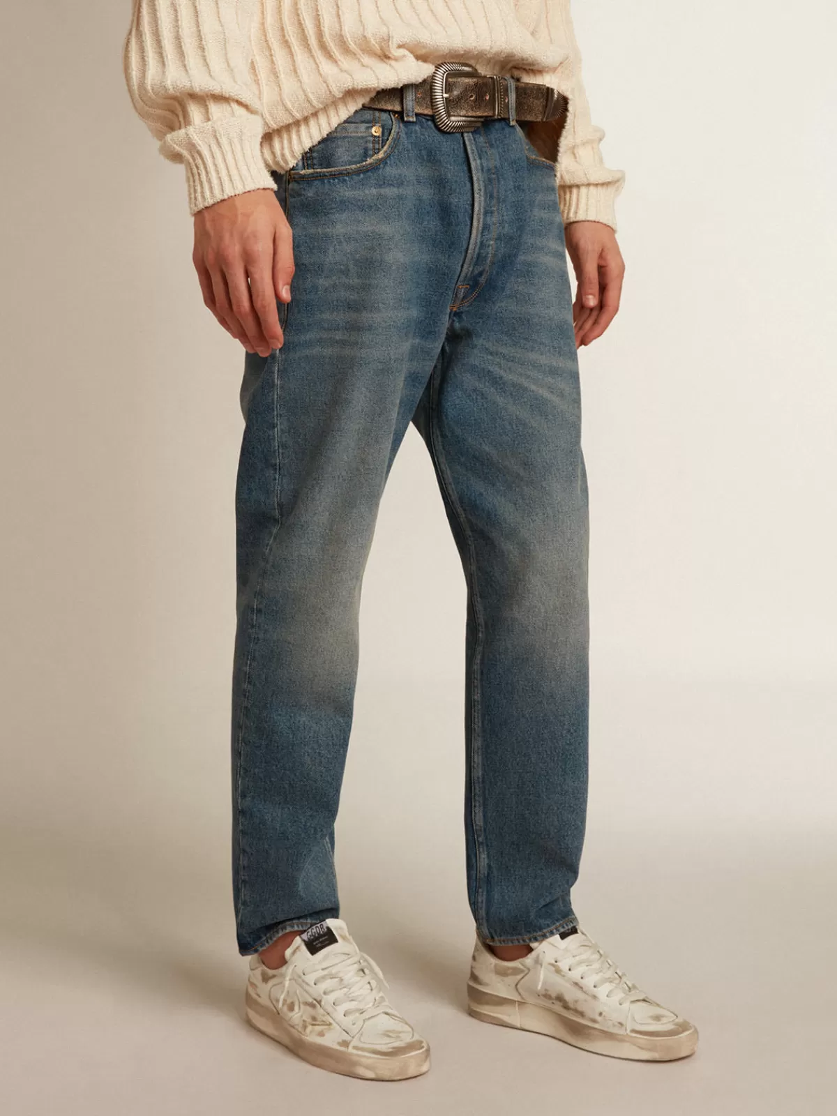 Golden Goose Men's slim fit jeans with medium wash blue Online