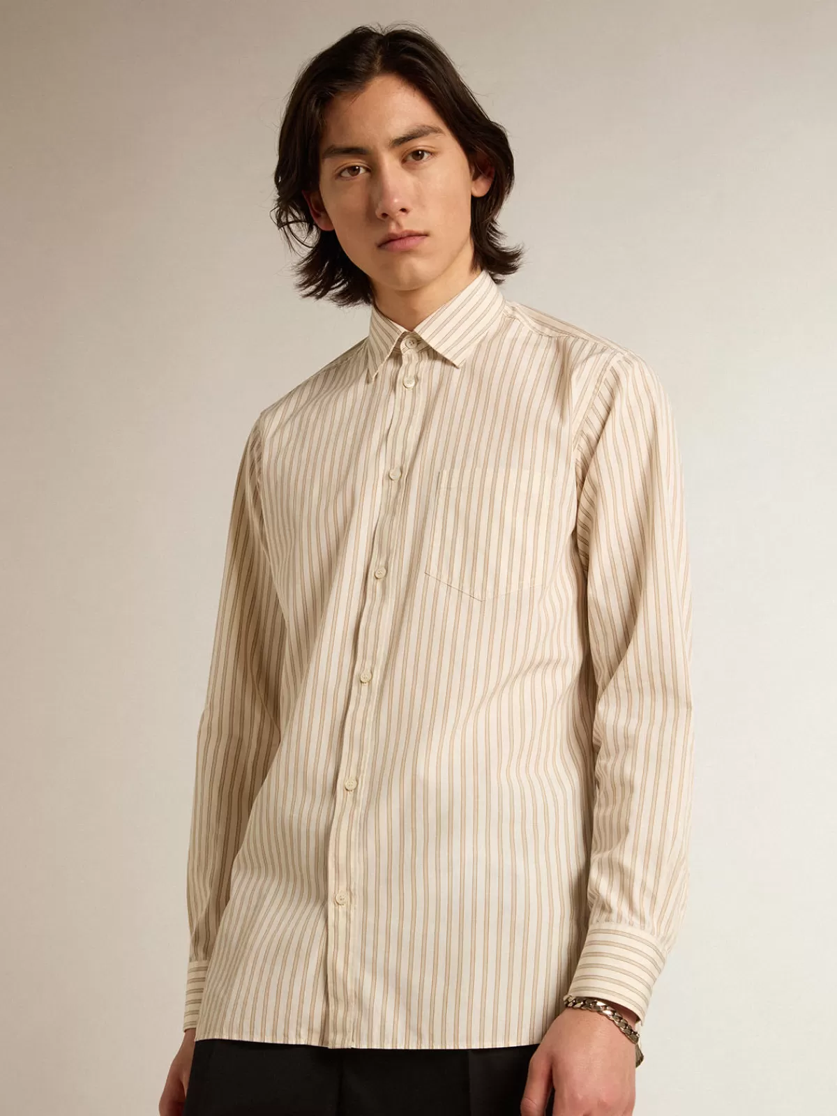 Golden Goose Men’s cotton shirt with beige stripes white Fashion