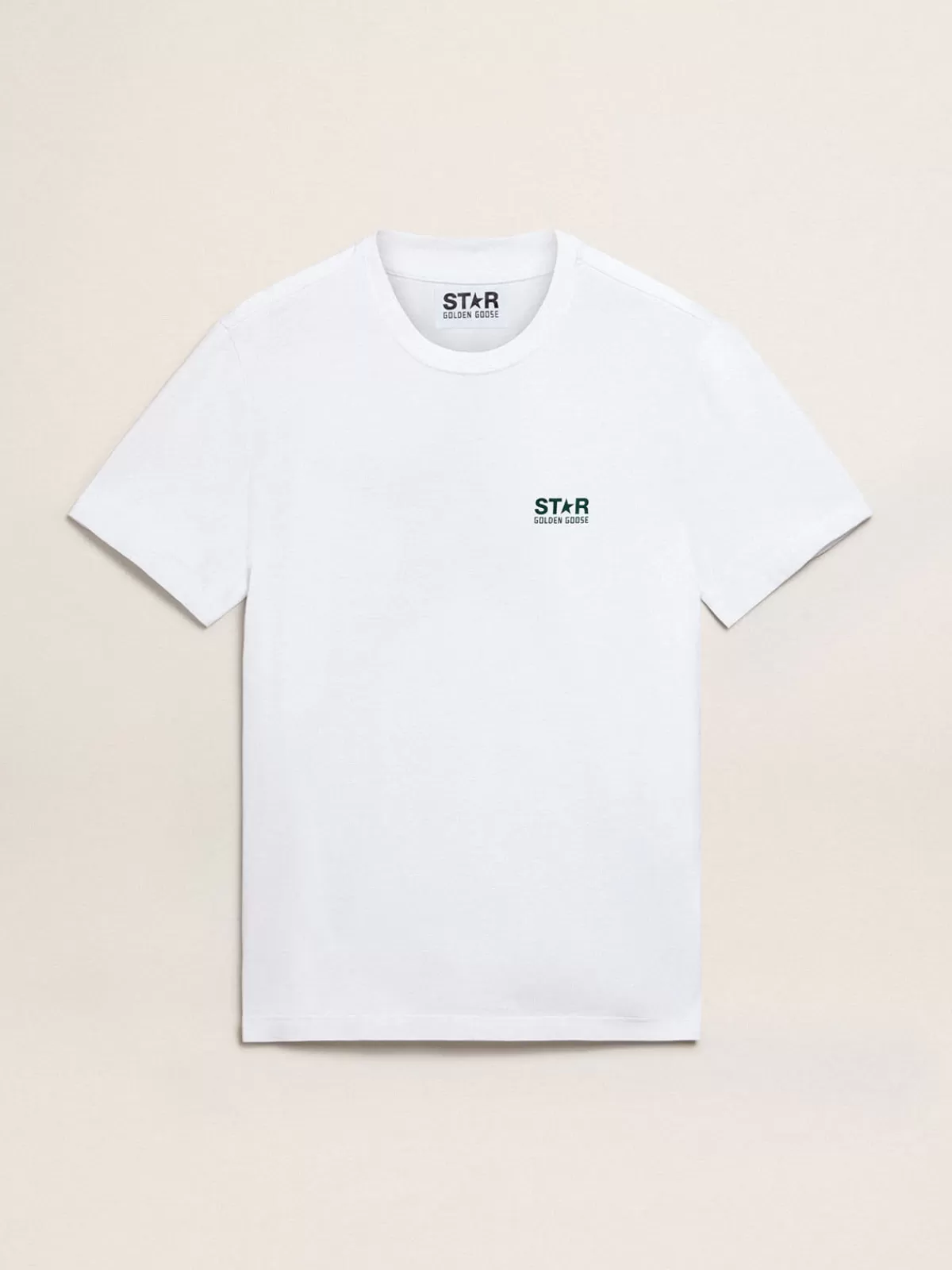 Golden Goose Men's white T-shirt with contrasting green logo and star opticalwhite Discount