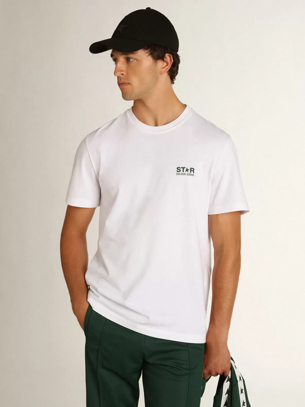 Golden Goose Men's white T-shirt with contrasting green logo and star opticalwhite Discount