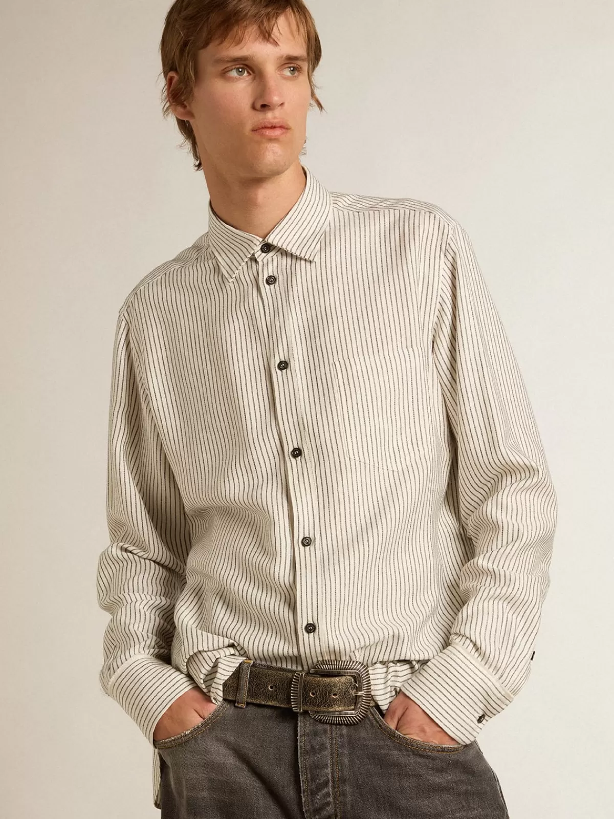 Golden Goose Men’s viscose shirt with narrow black stripes white Best