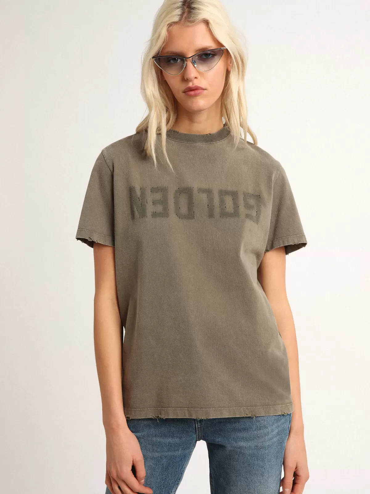 Golden Goose Olive-green regular-fit T-shirt with Golden lettering on the front Store