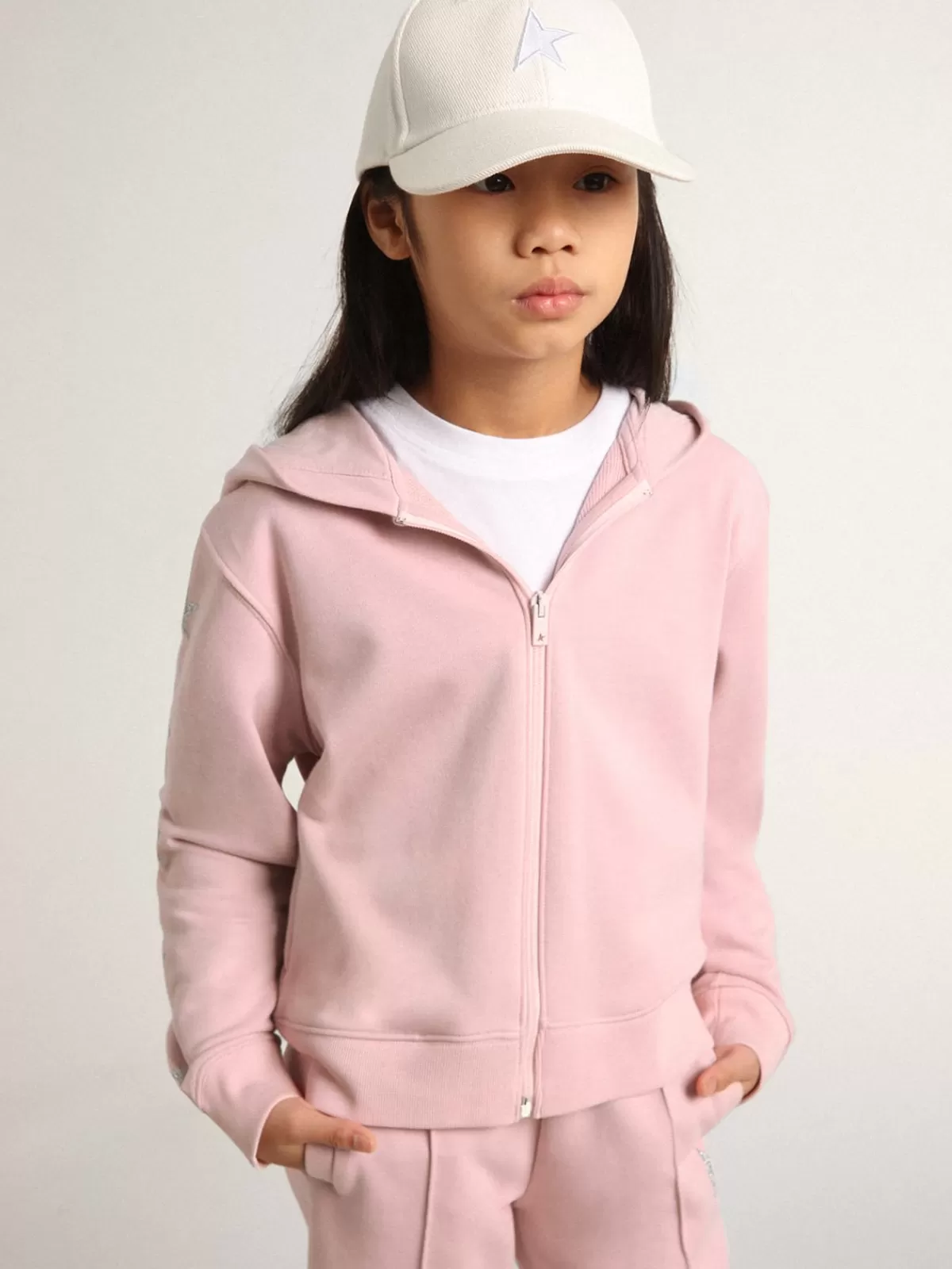 Golden Goose sweatshirt with hood and silver glitter stars pink Cheap