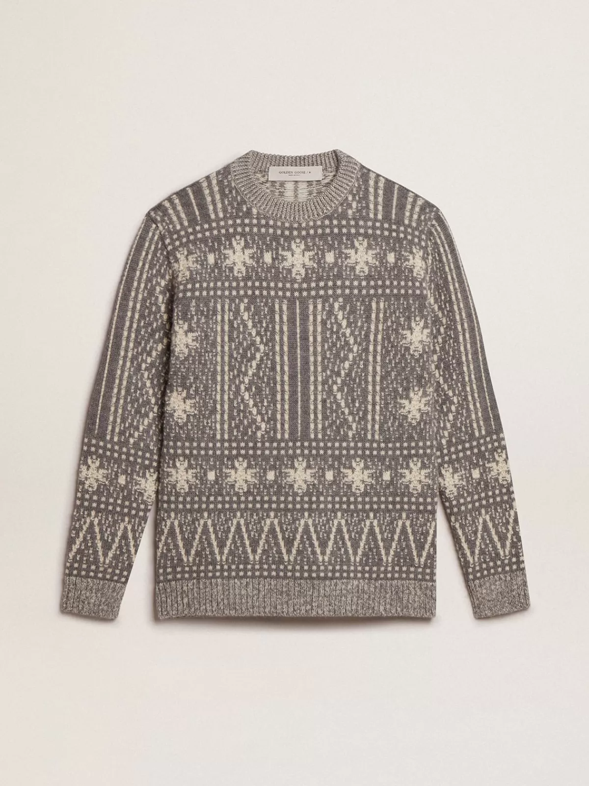 Golden Goose Round-neck sweater with gray Fair Isle motif graymelangeandwoolwhite Sale