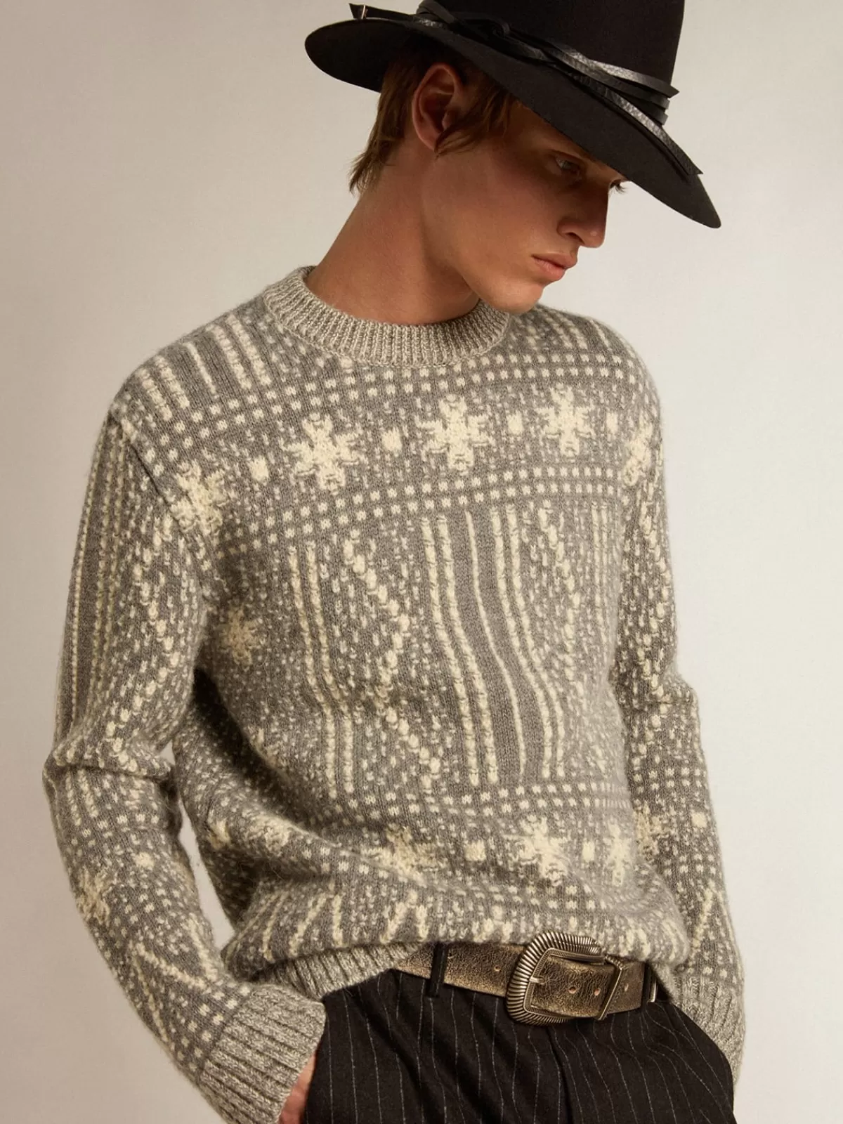 Golden Goose Round-neck sweater with gray Fair Isle motif graymelangeandwoolwhite Sale