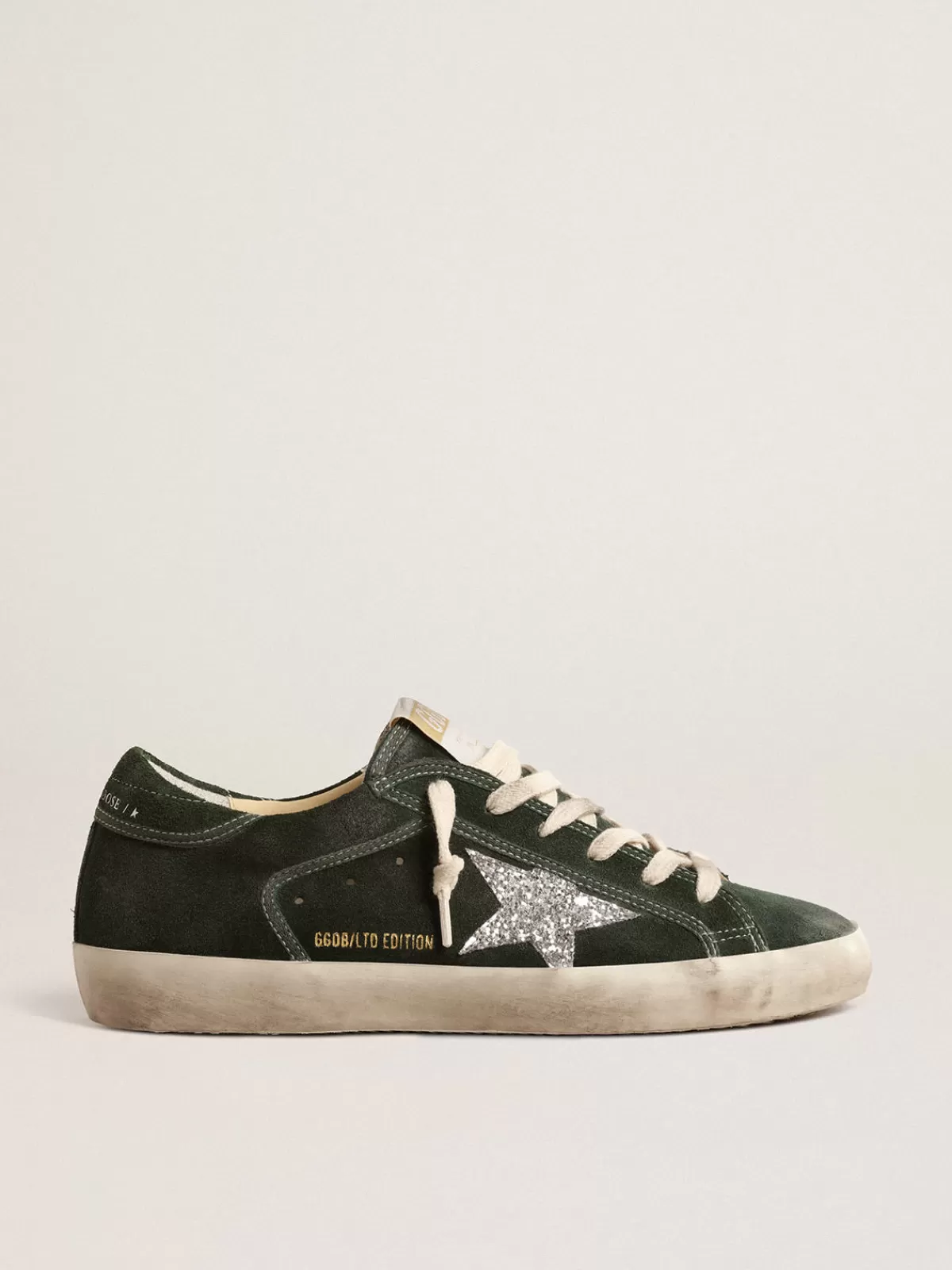 Golden Goose Super-Star LTD in green suede with silver glitter star Outlet