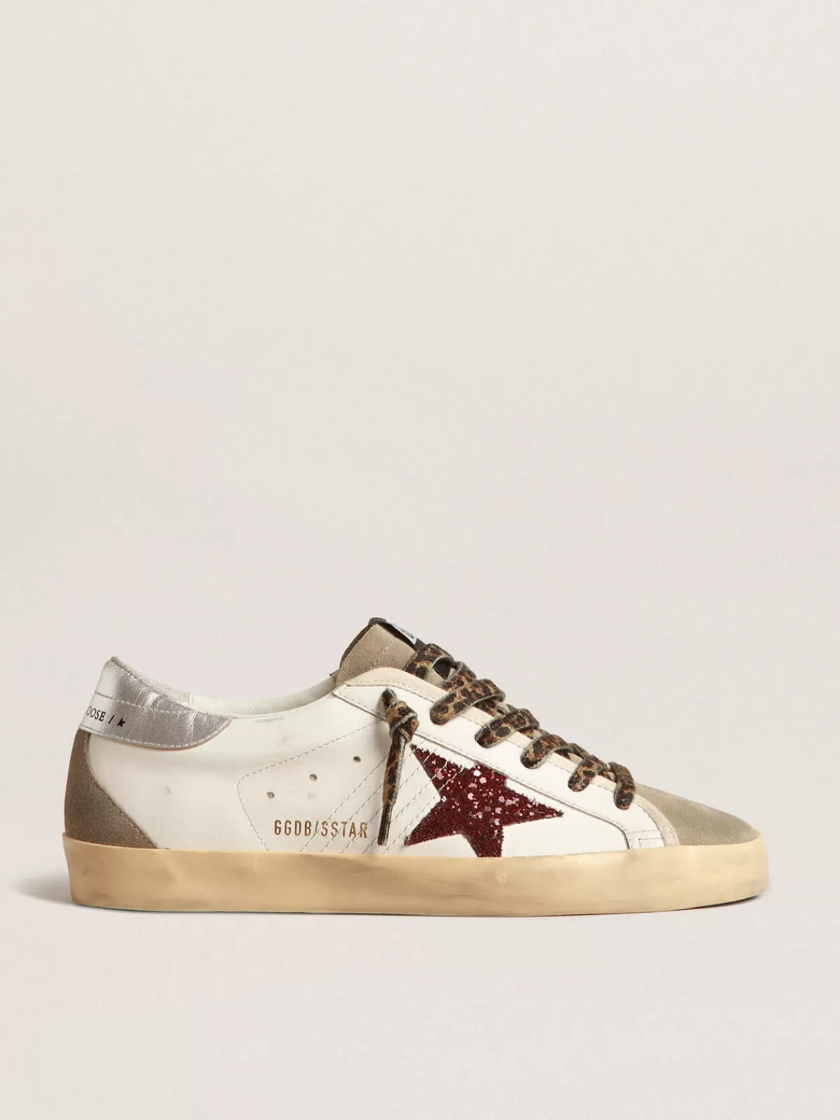 Golden Goose Super-Star with burgundy glitter star and silver heel tab white New