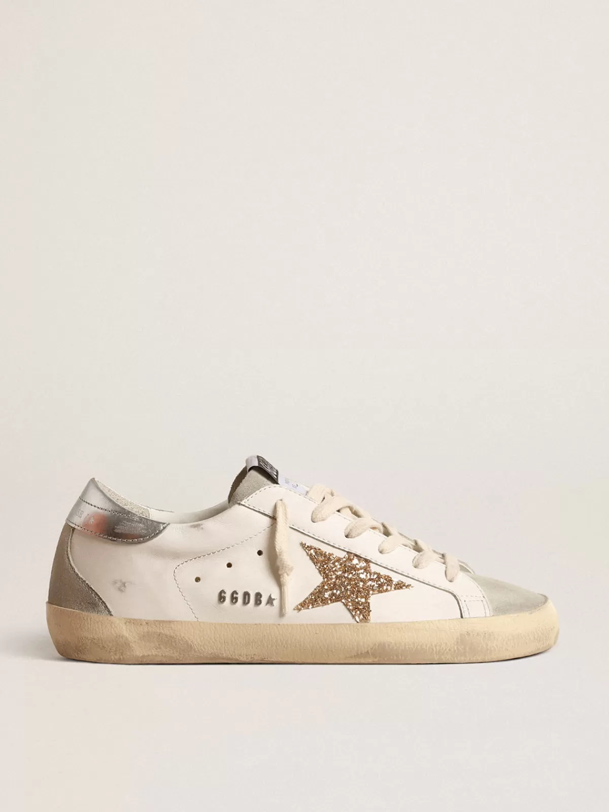 Golden Goose Super-Star with gold glitter star and ice-gray suede inserts white Outlet