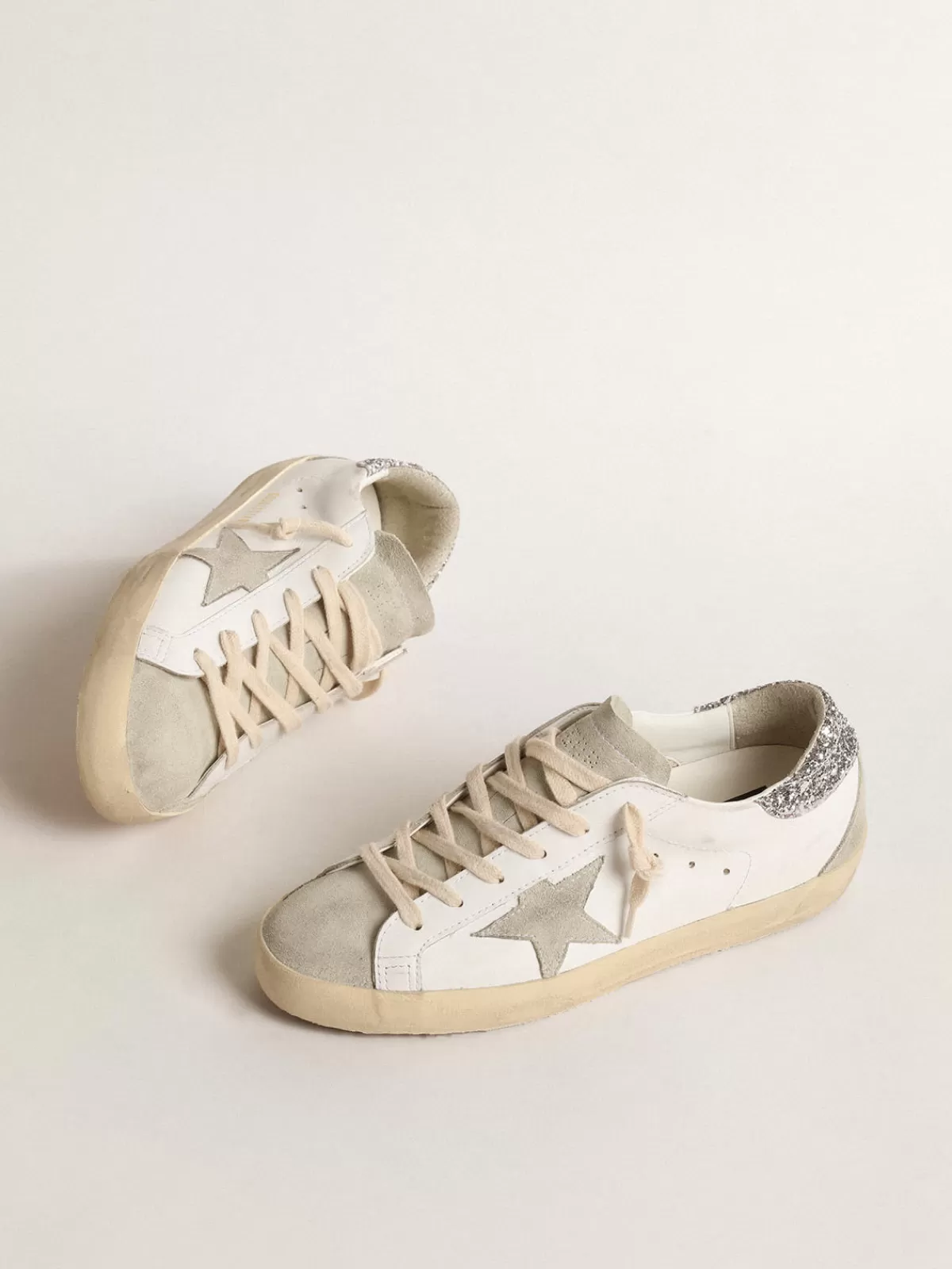 Golden Goose Super-Star with gray star and silver glitter heel tab white Outlet