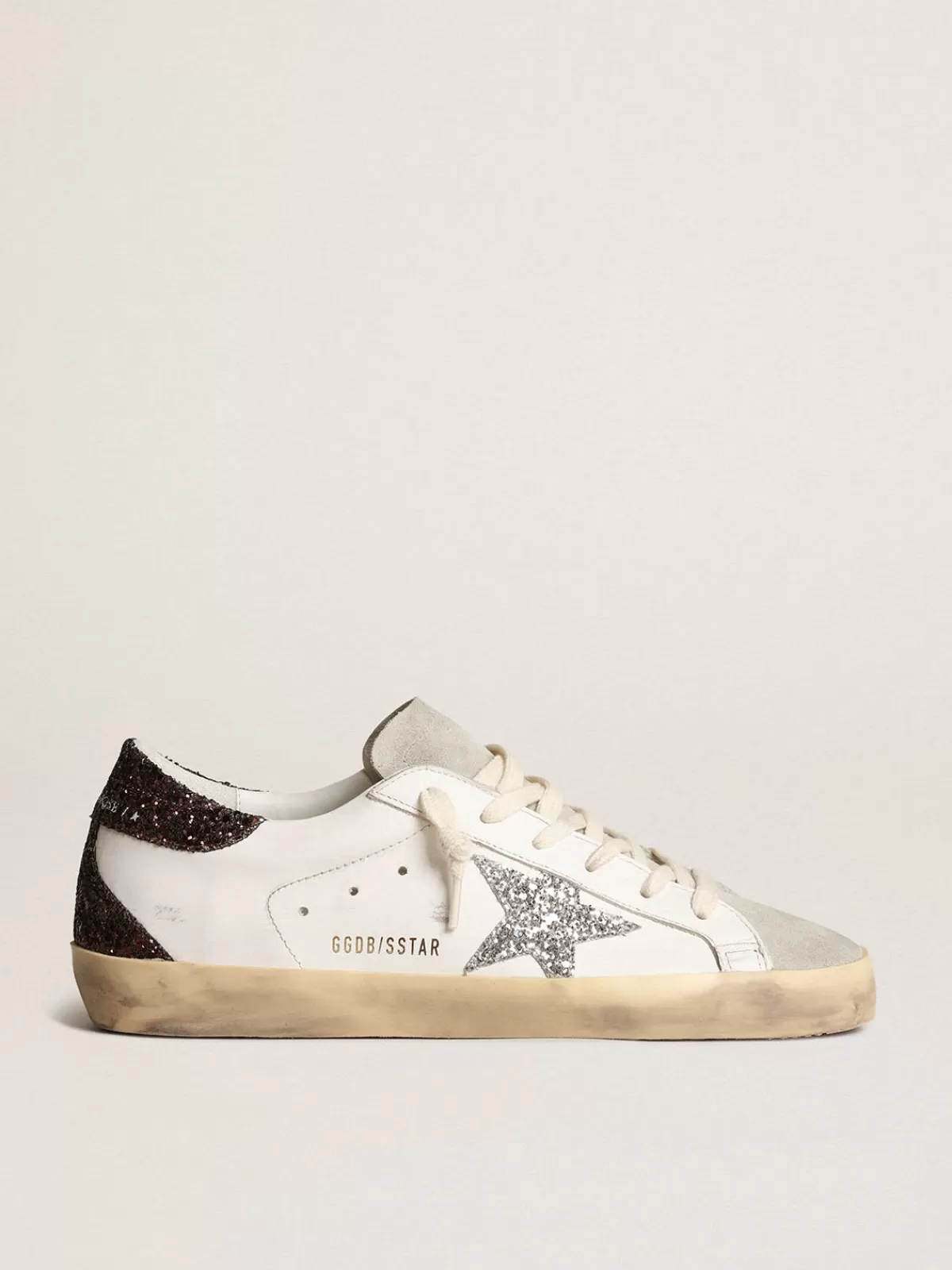 Golden Goose Super-Star with silver star and brown glitter heel tab white Shop