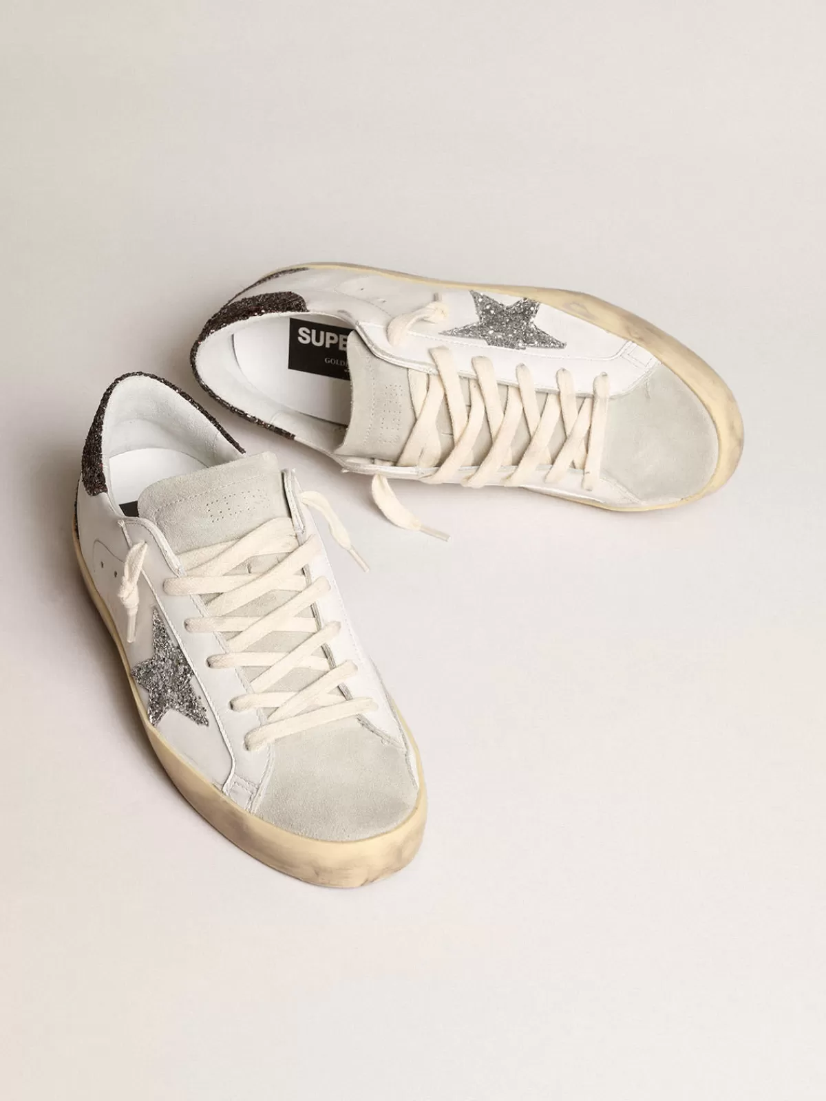 Golden Goose Super-Star with silver star and brown glitter heel tab white Shop